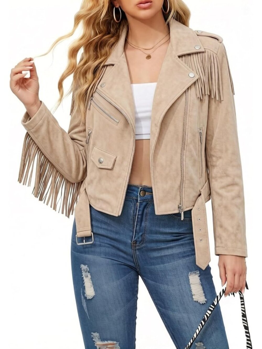 Women's Apricot Faux Leather Moto Jacket Belted Tassel Trim Western Short Coat